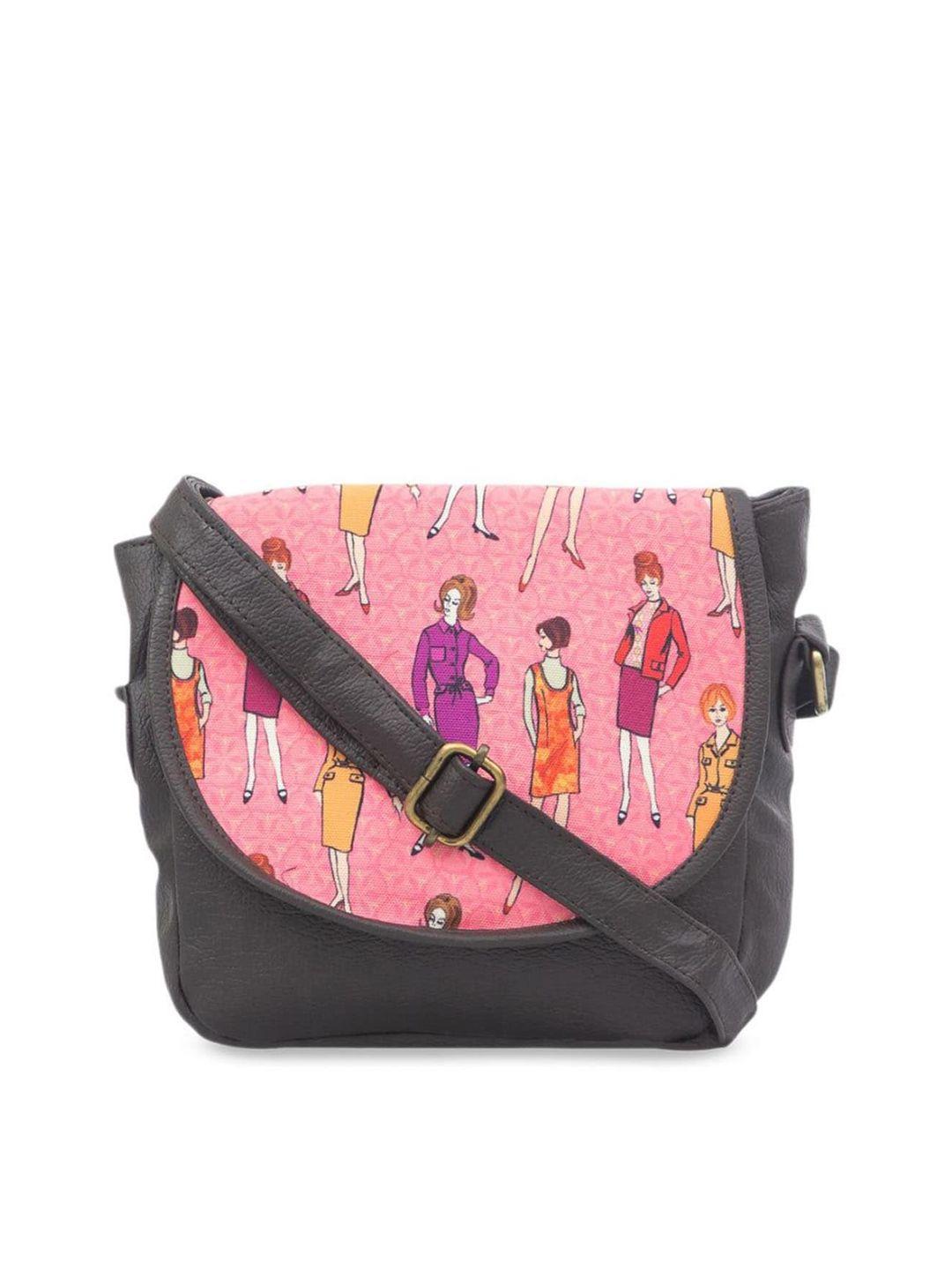 bandbox women brown & pink printed pu structured sling bag