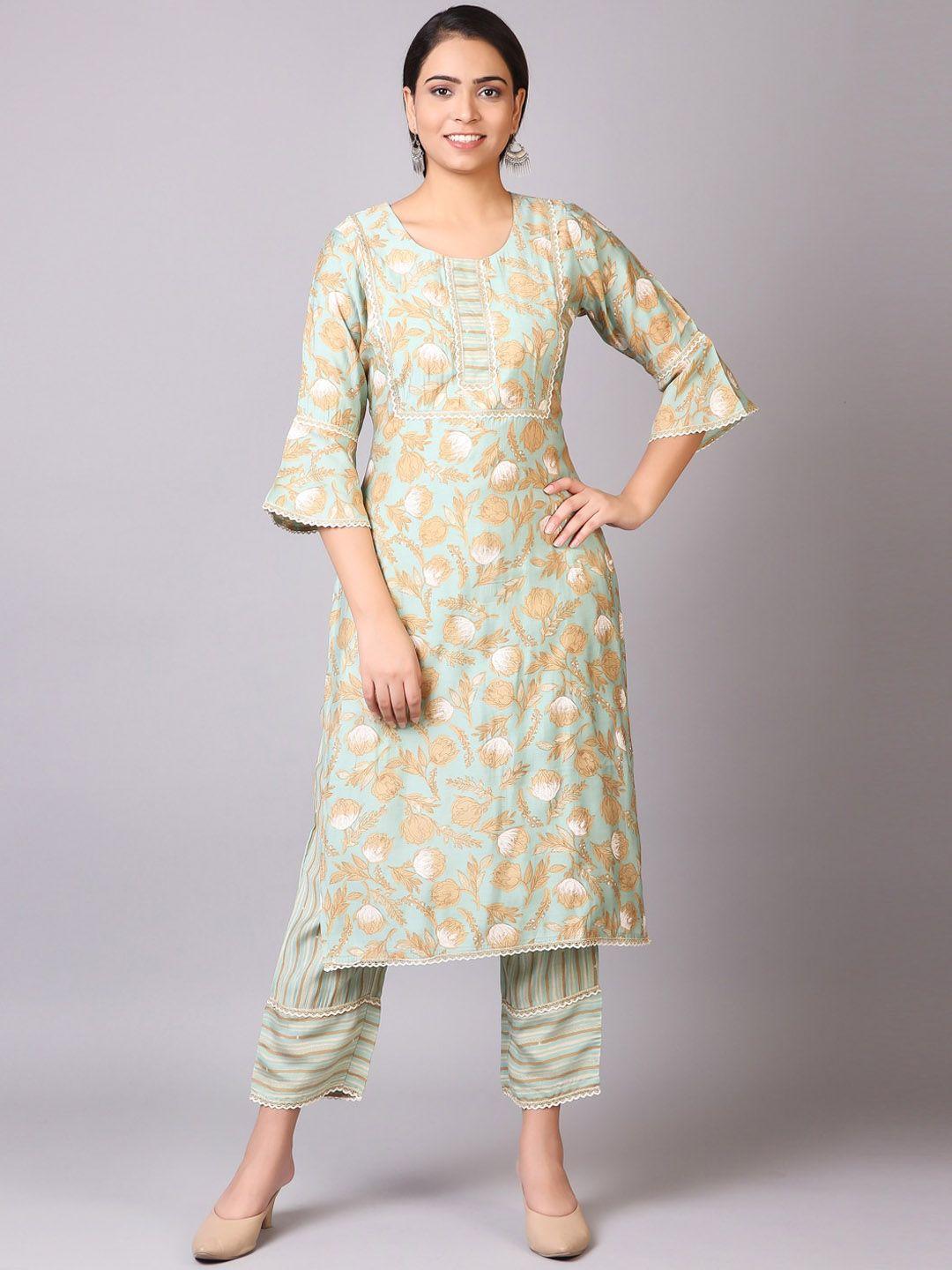 v tradition women green floral printed regular kurta with trousers