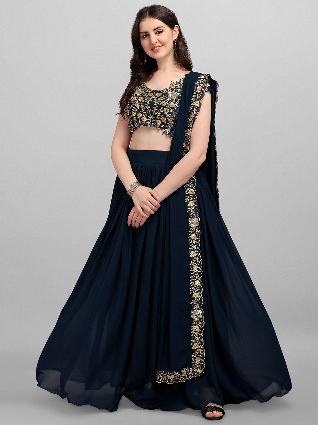 ethnic yard navy blue & gold-toned embroidered thread work semi-stitched lehenga & unstitched blouse with