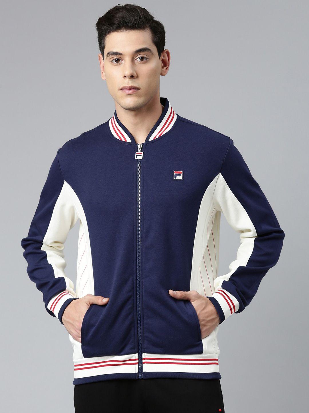 fila men blue colourblocked varsity jacket