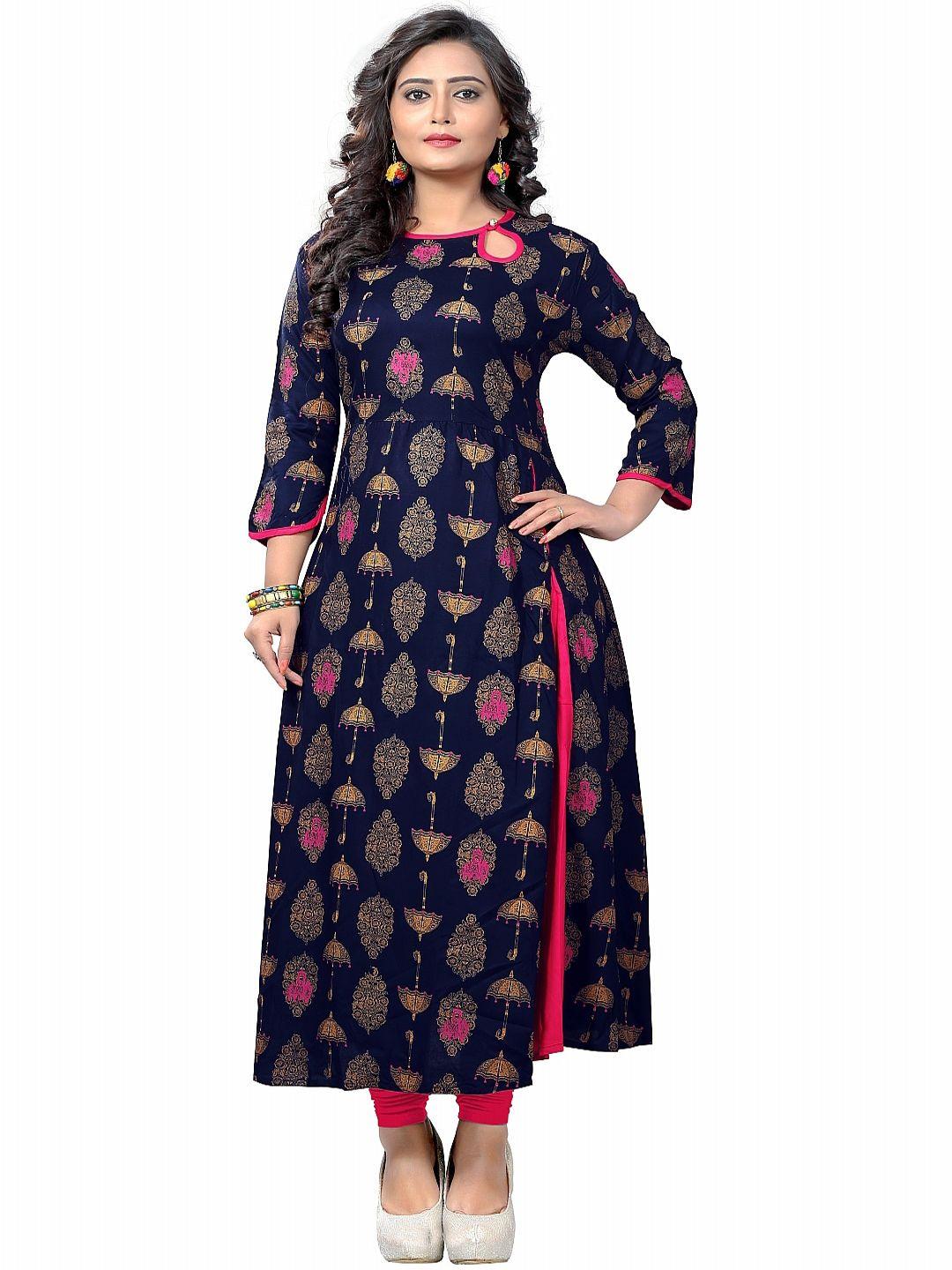 kalini women blue ethnic motifs printed keyhole neck flared sleeves anarkali kurta