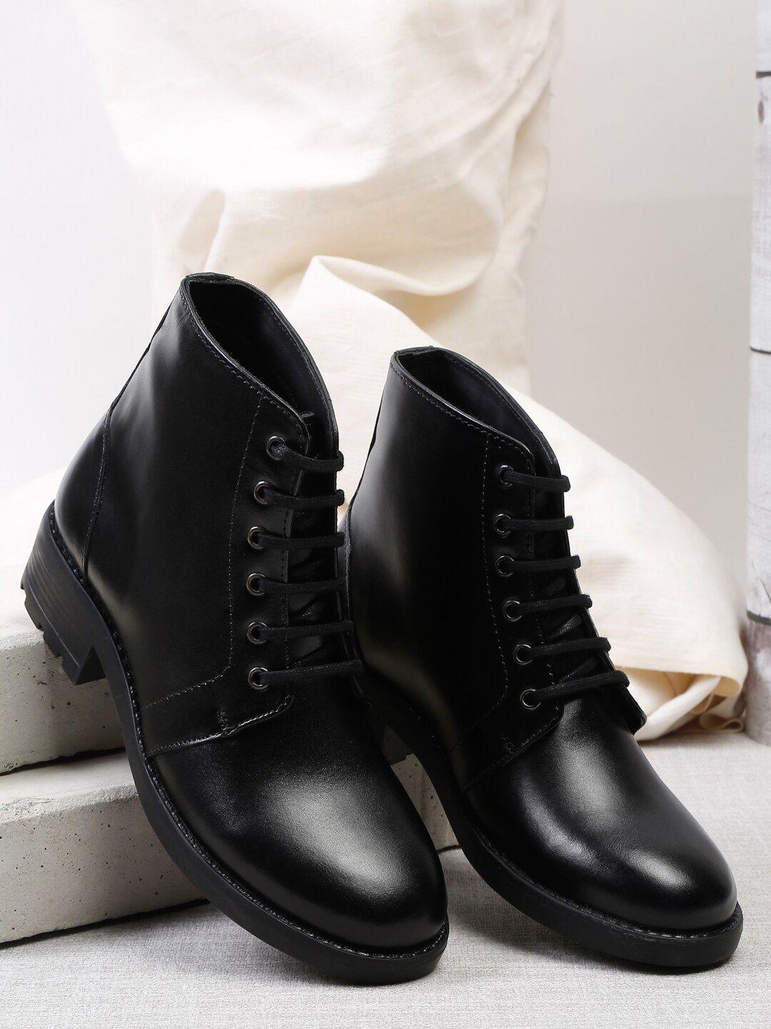 teakwood leathers women black solid leather mid-top flat boots