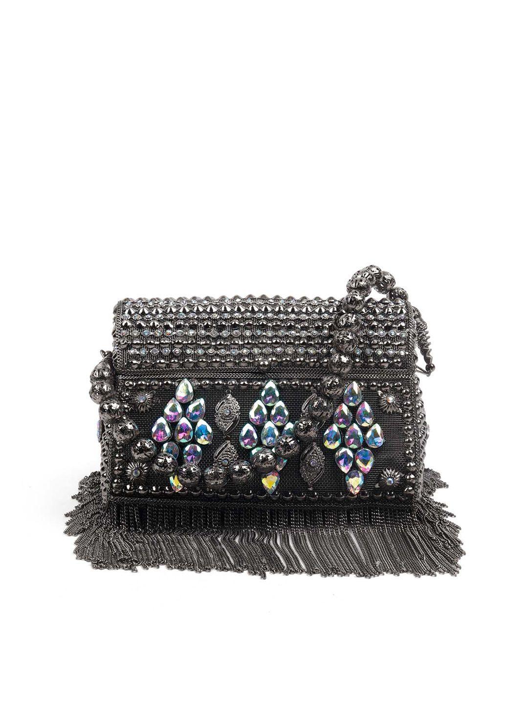 odette black embellished swagger sling bag with fringed