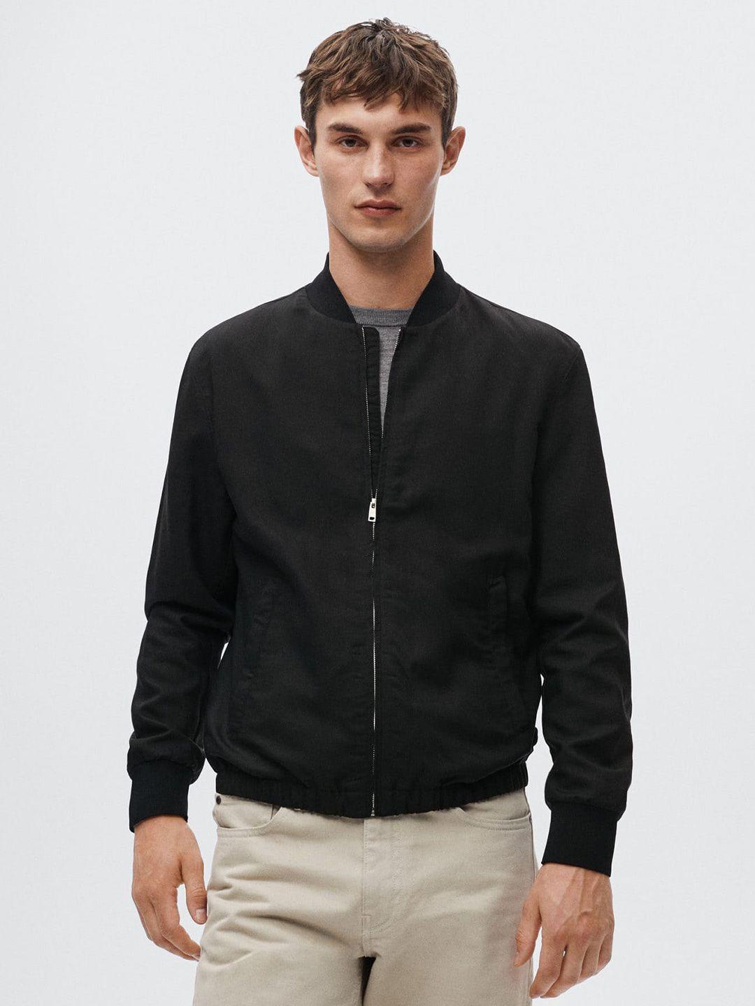 mango man black solid bomber jacket