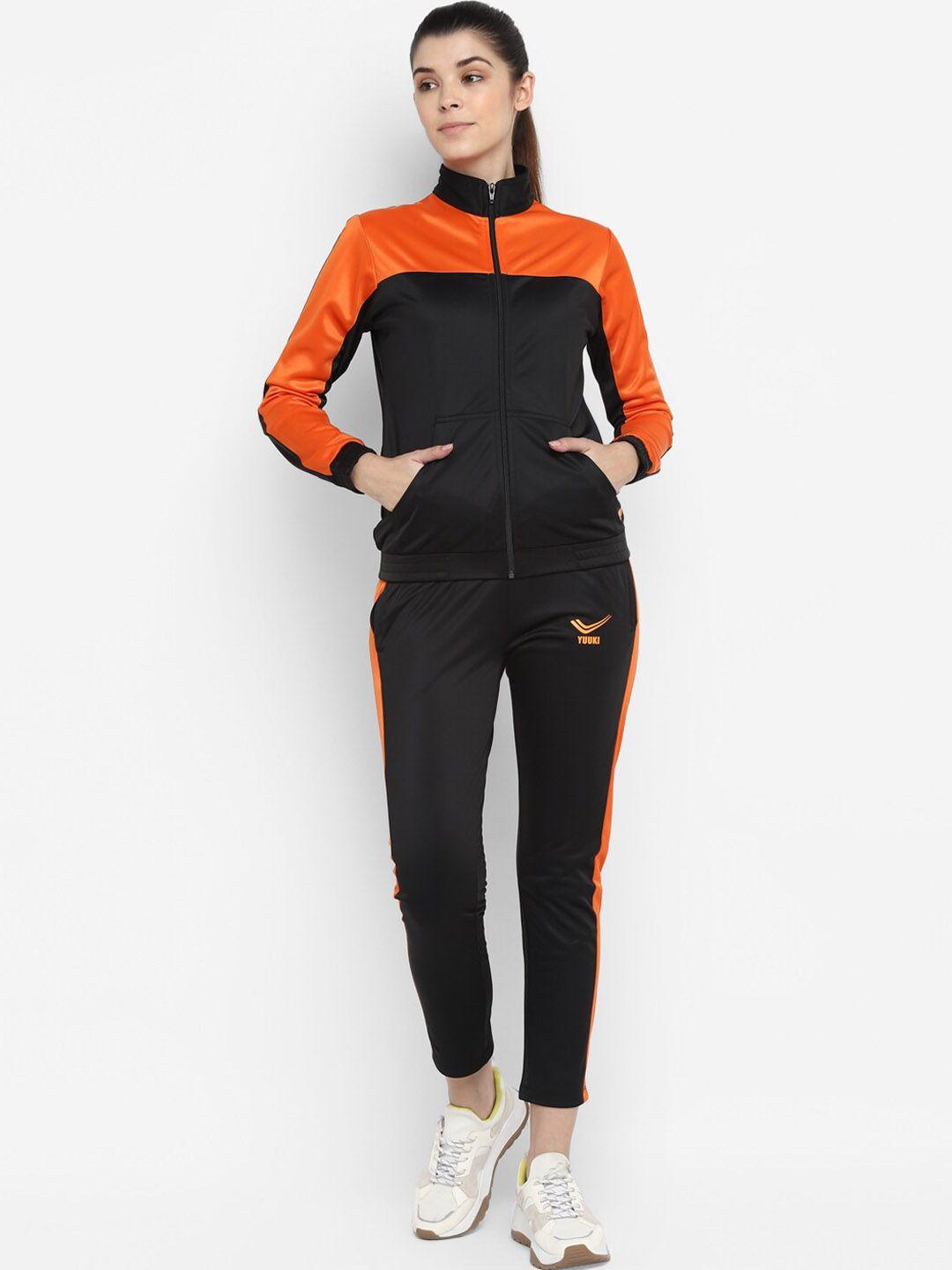 yuuki women black & orange colourblocked tracksuits