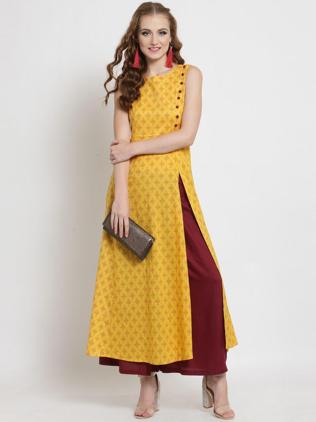 sera women yellow ethnic motifs printed linen floral kurta