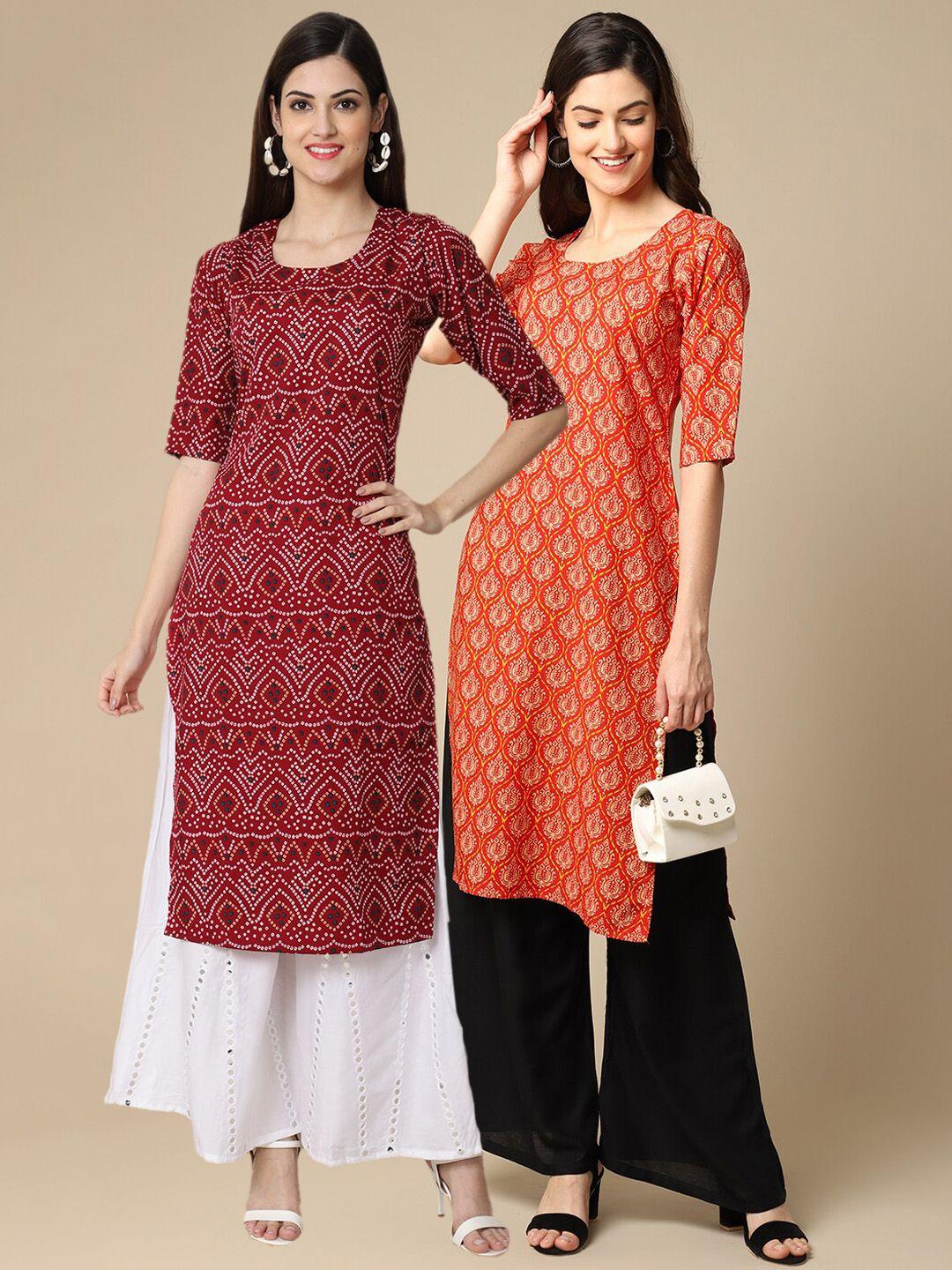 kalini women pack of 2 red & orange ethnic motifs printed crepe kurta