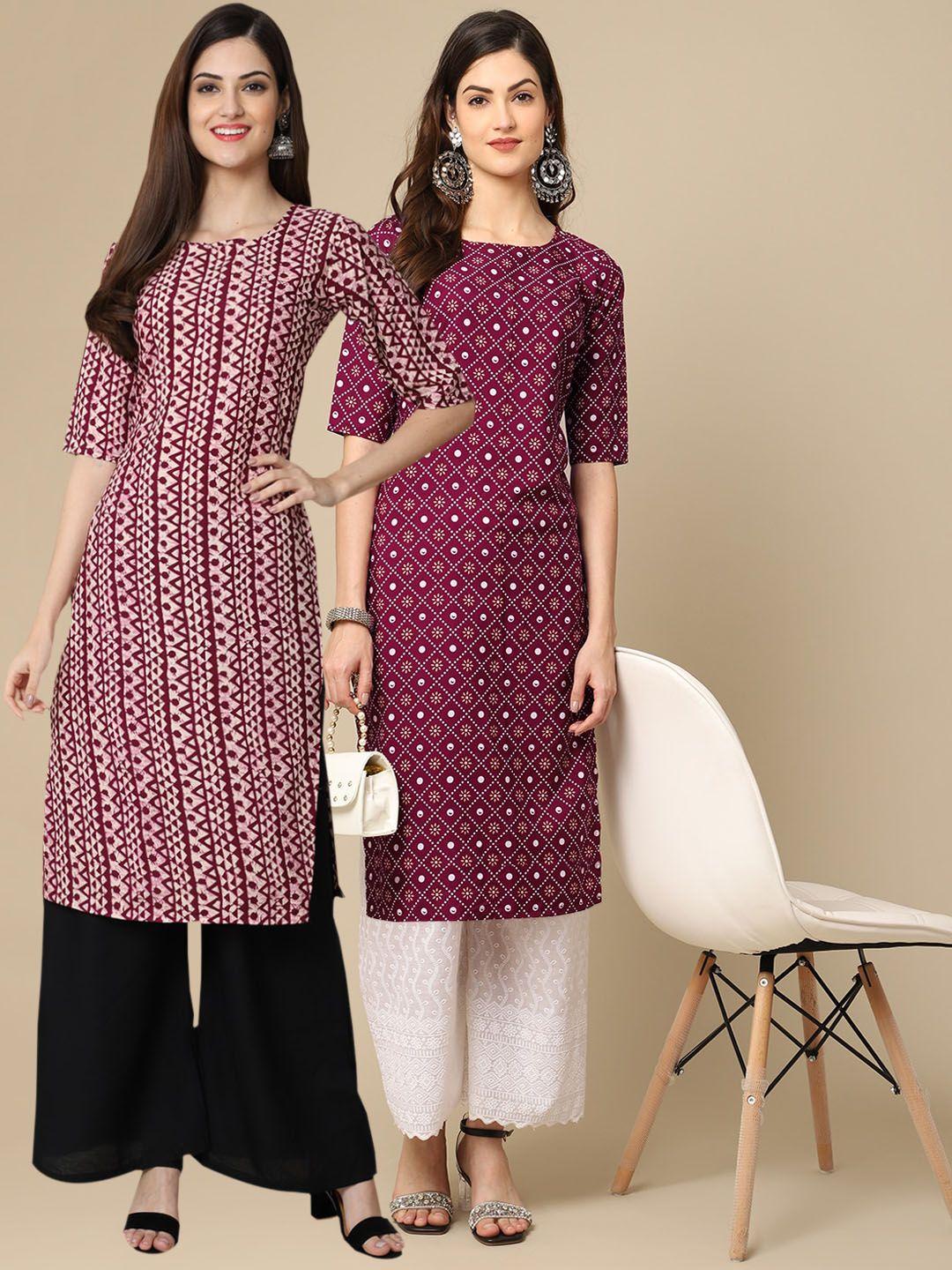 kalini women pack of 2 maroon & white geometric printed block print crepe kurtas