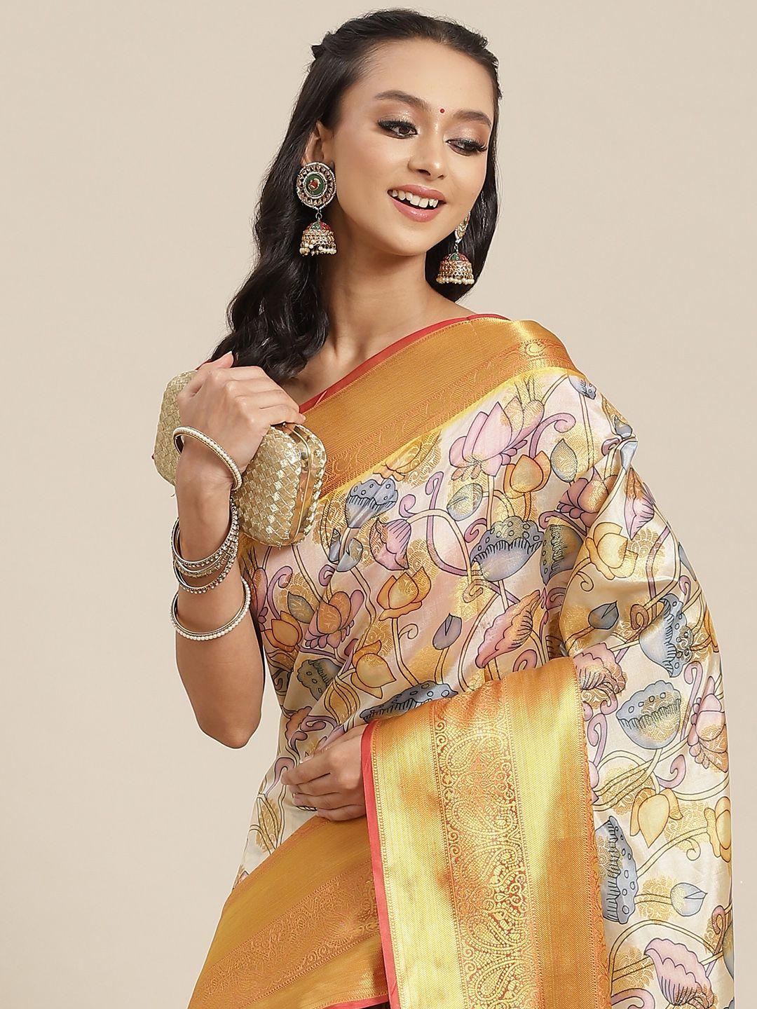 silk land white & orange ethnic motifs zari art silk banarasi saree