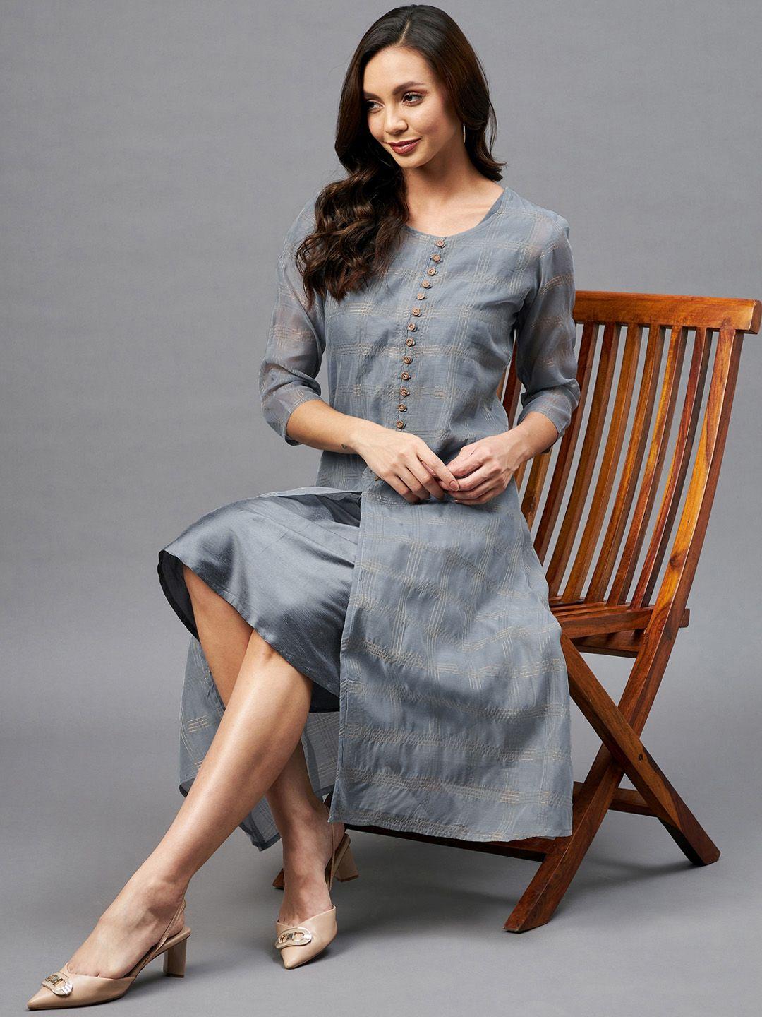 azira women grey & golden checked printed a-line ethnic dresses