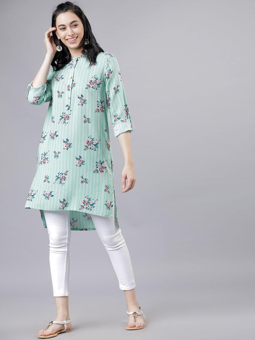 vishudh green & pink mandarin collar printed tunic