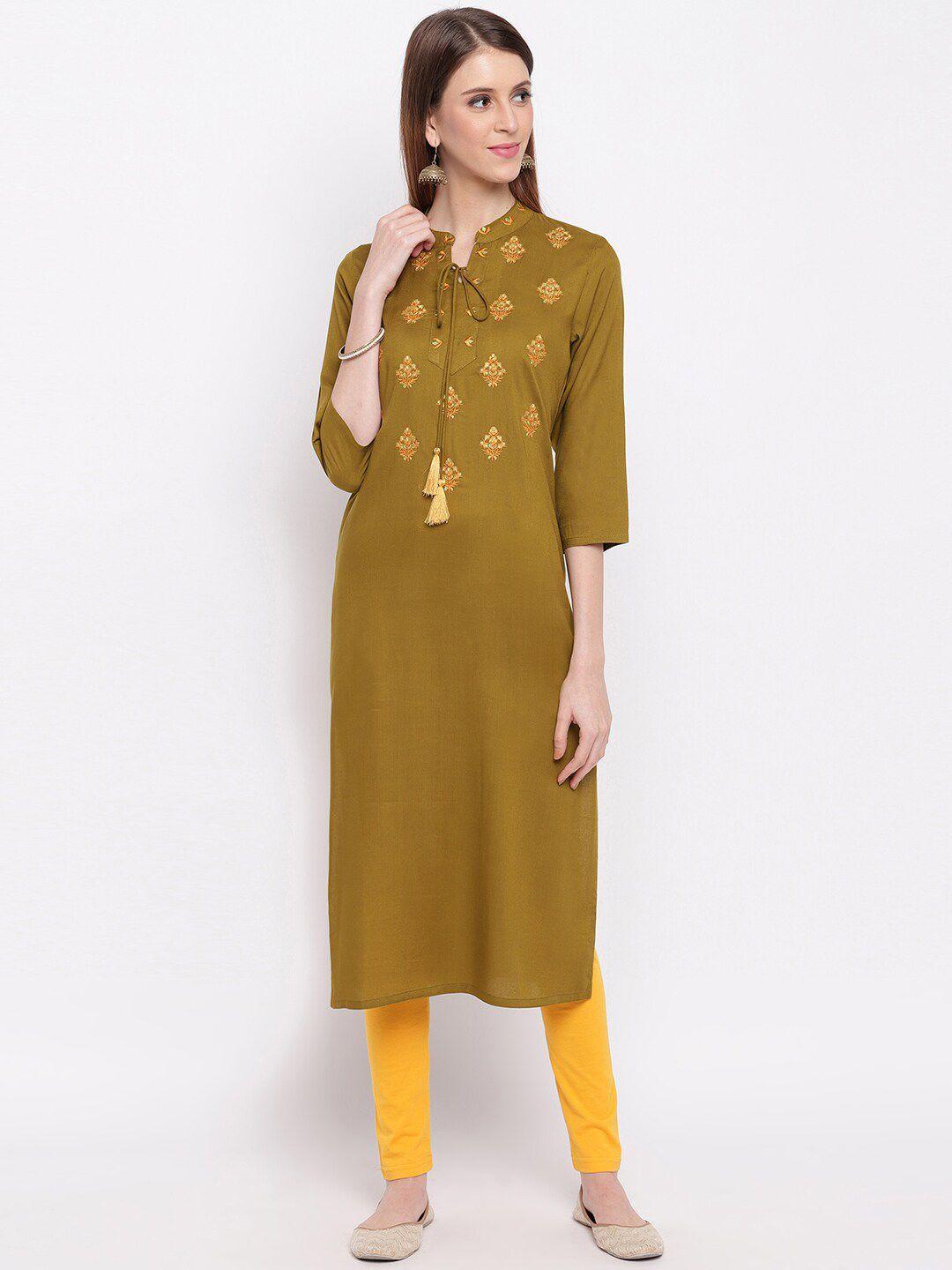 kalini women green yoke design thread work kurta