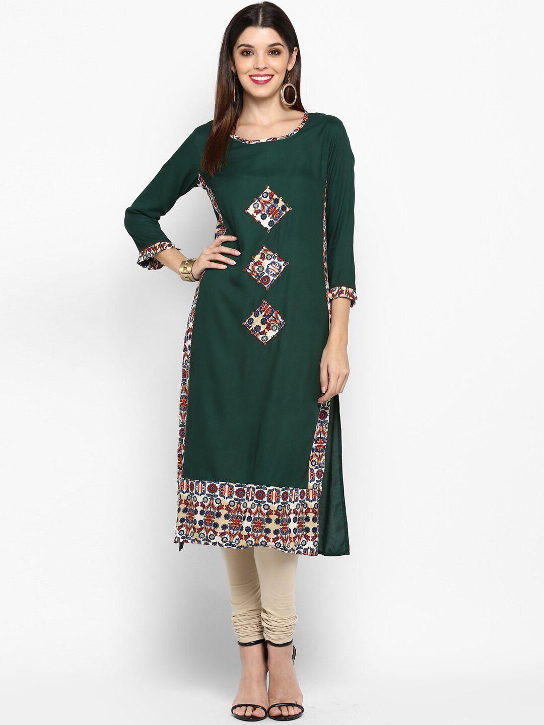 kalini women green & cream-coloured embroidered kurta