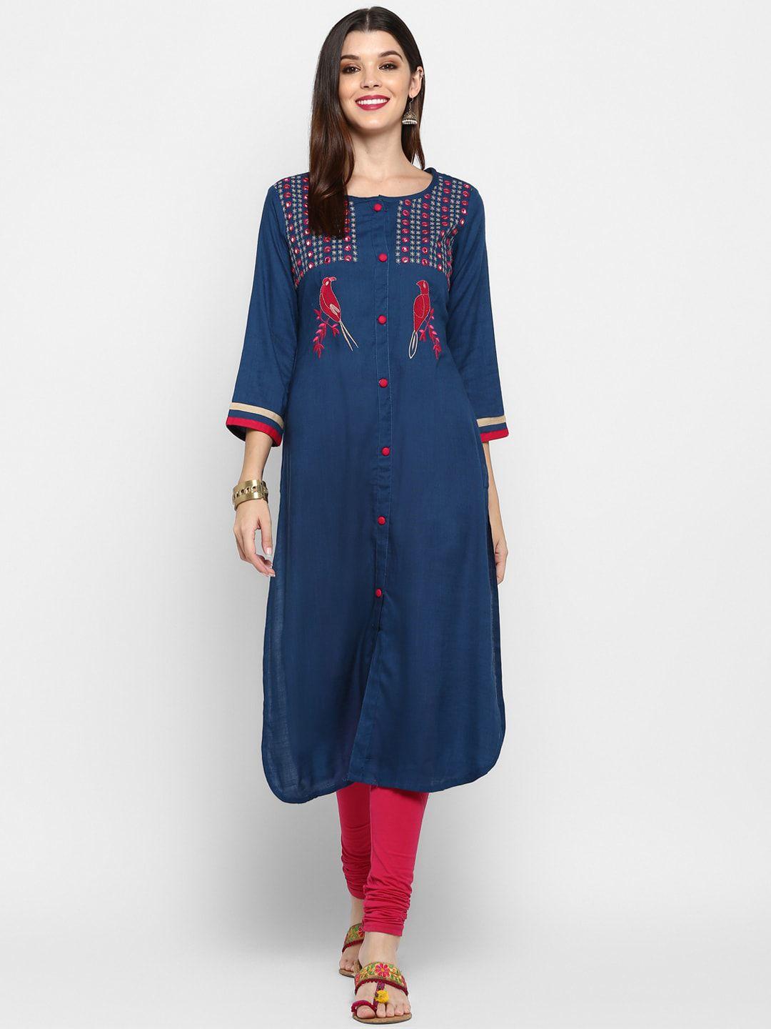 kalini women blue ethnic motifs embroidered thread work kurta