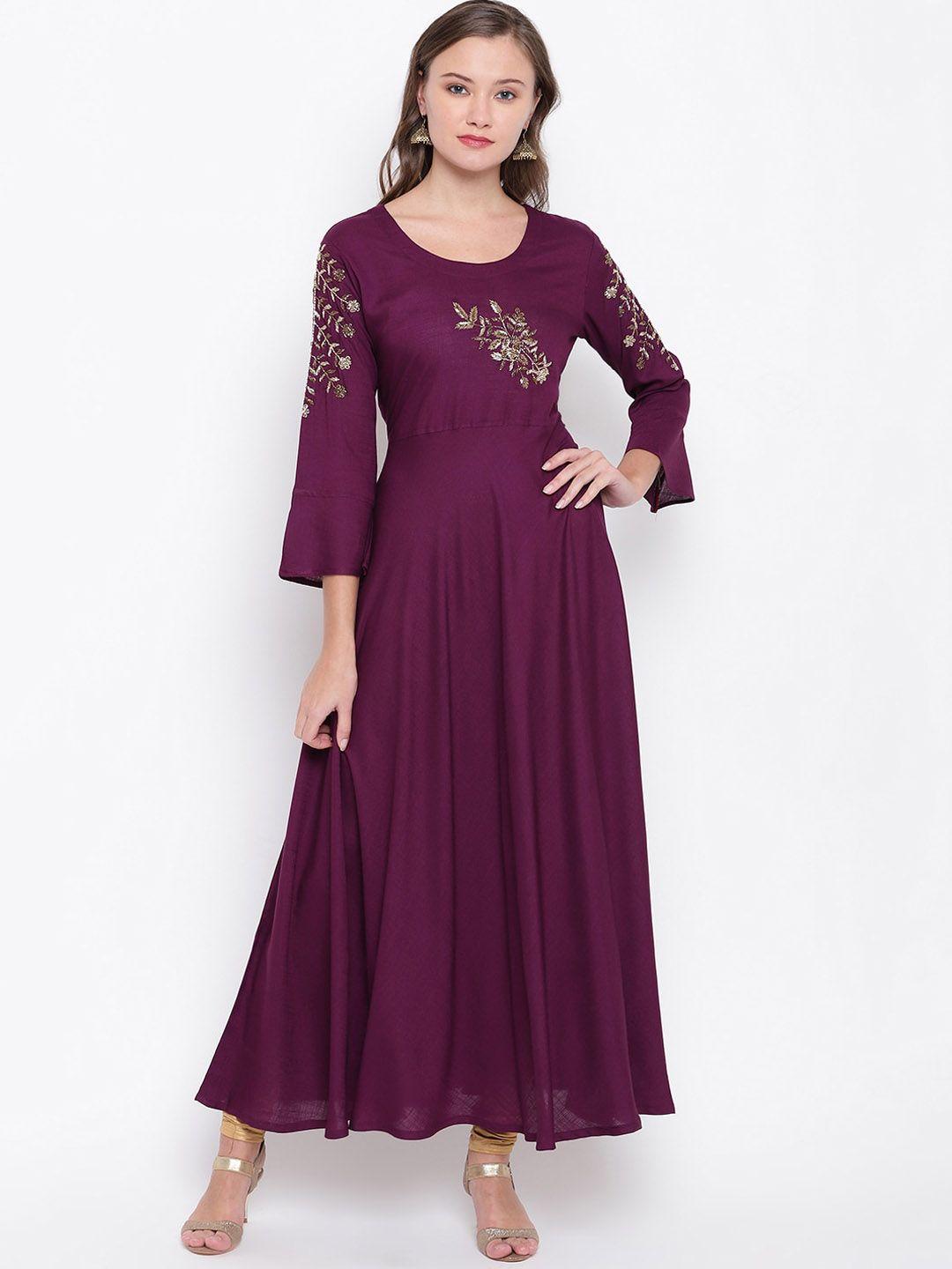 kalini women purple flared sleeves thread work anarkali kurta