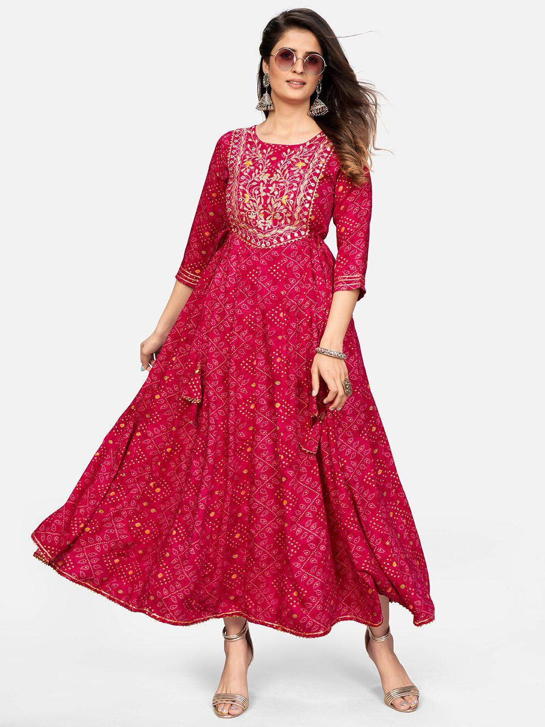 kalini women pink bandhani printed mirror work anarkali kurta