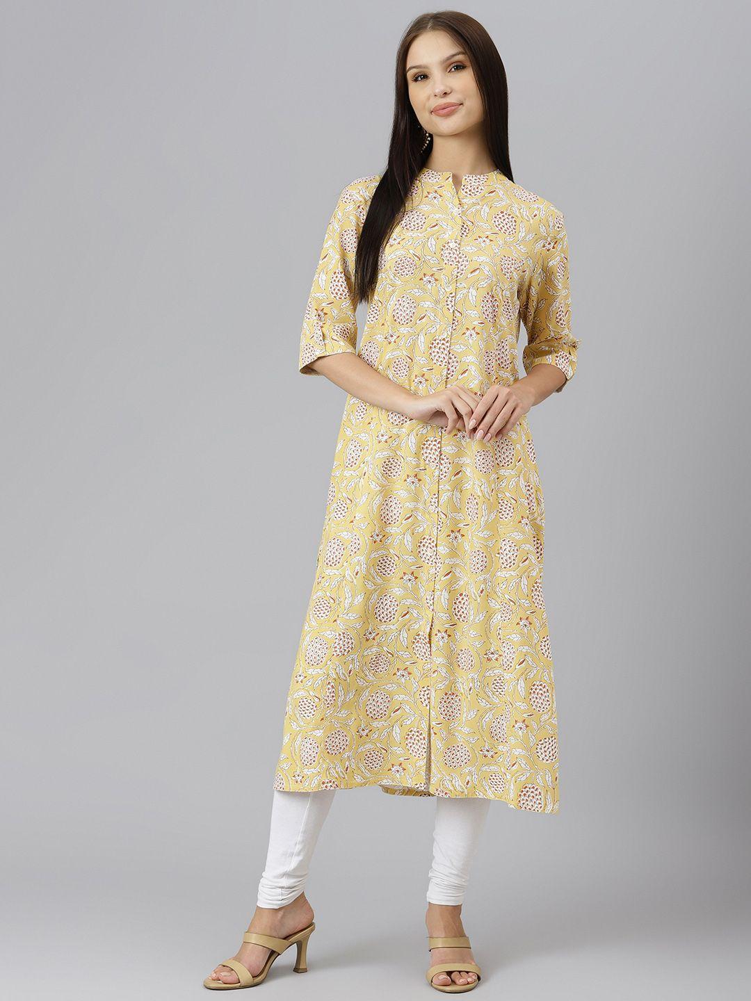 divena women yellow & off white cotton linen floral print kurta