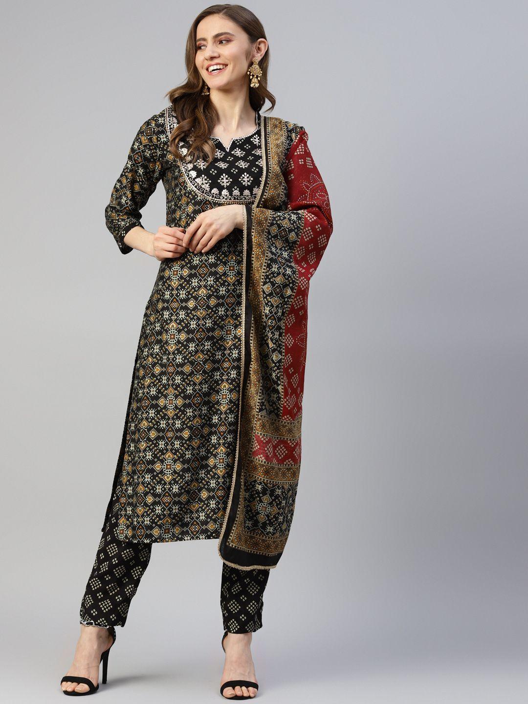 divena women black floral print thread work kurta with trousers & dupatta