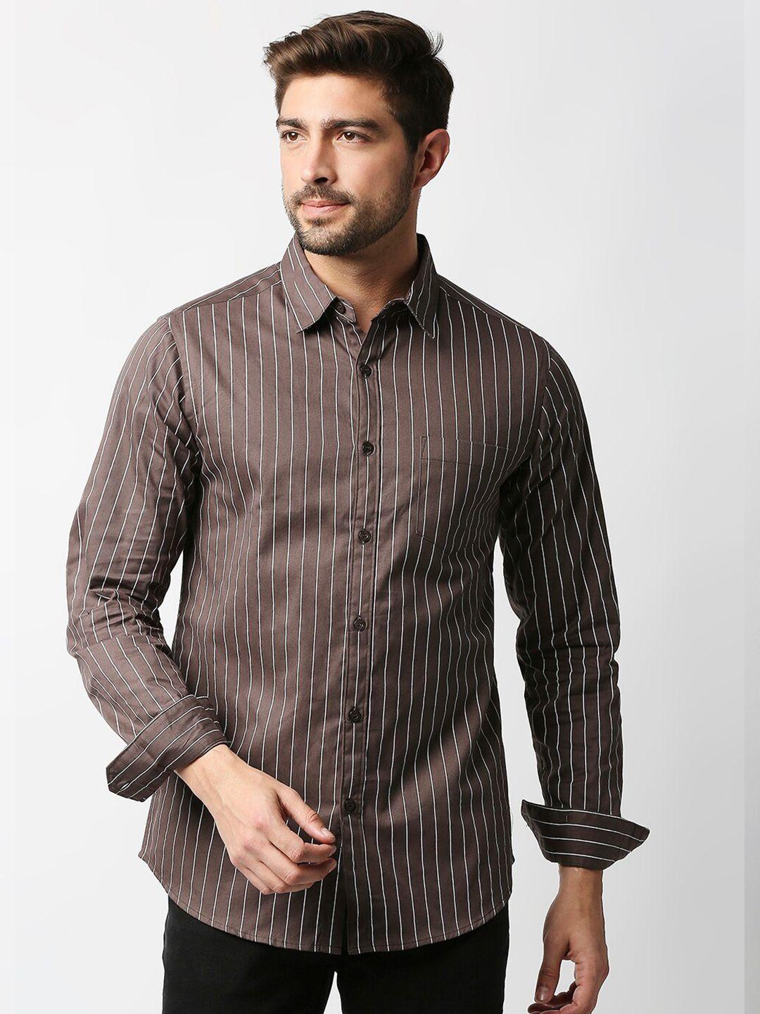 valen club men coffee brown slim fit striped casual shirt