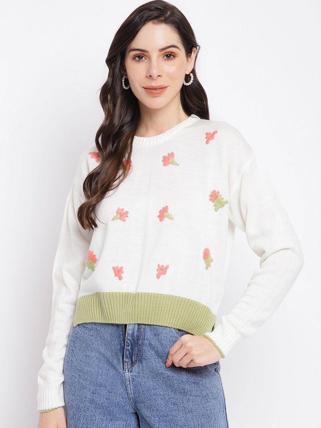 latin quarters women white & peach-coloured floral pullover sweater