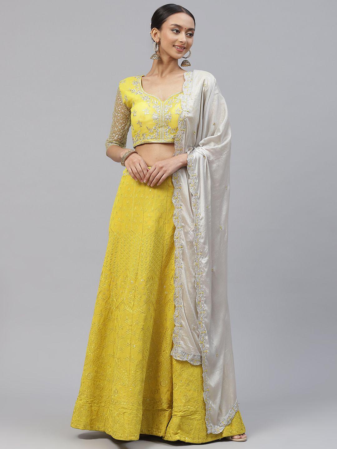 divine international trading co yellow & off white embroidered thread work semi-stitched lehenga &