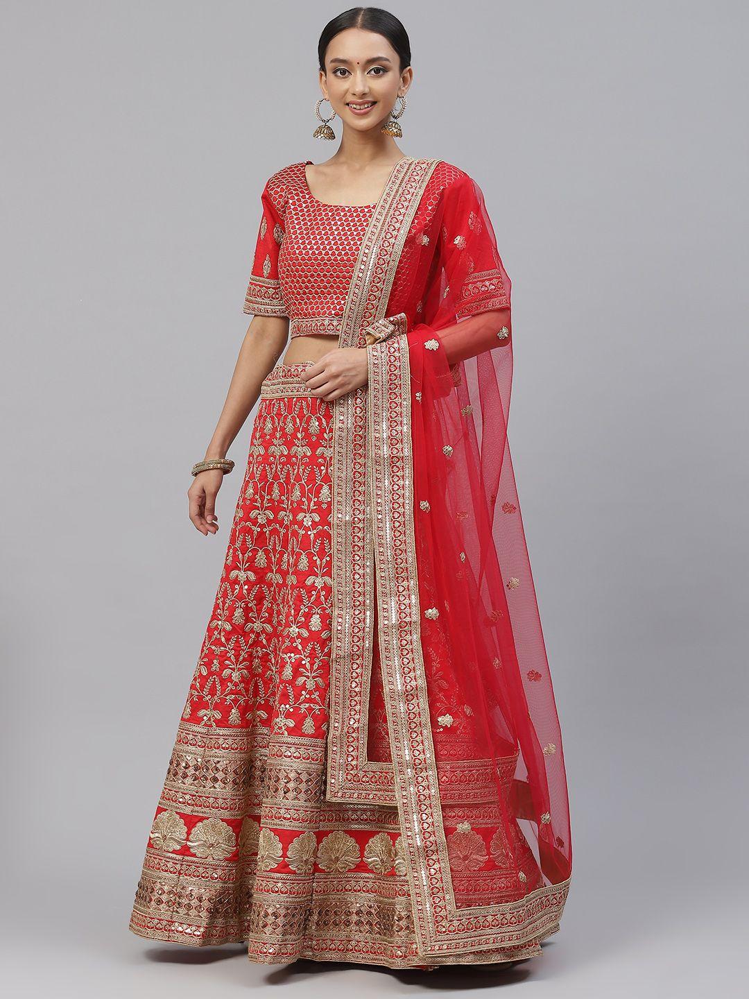 divine international trading co red & gold-toned embroidered zardozi semi-stitched lehenga & unstitched