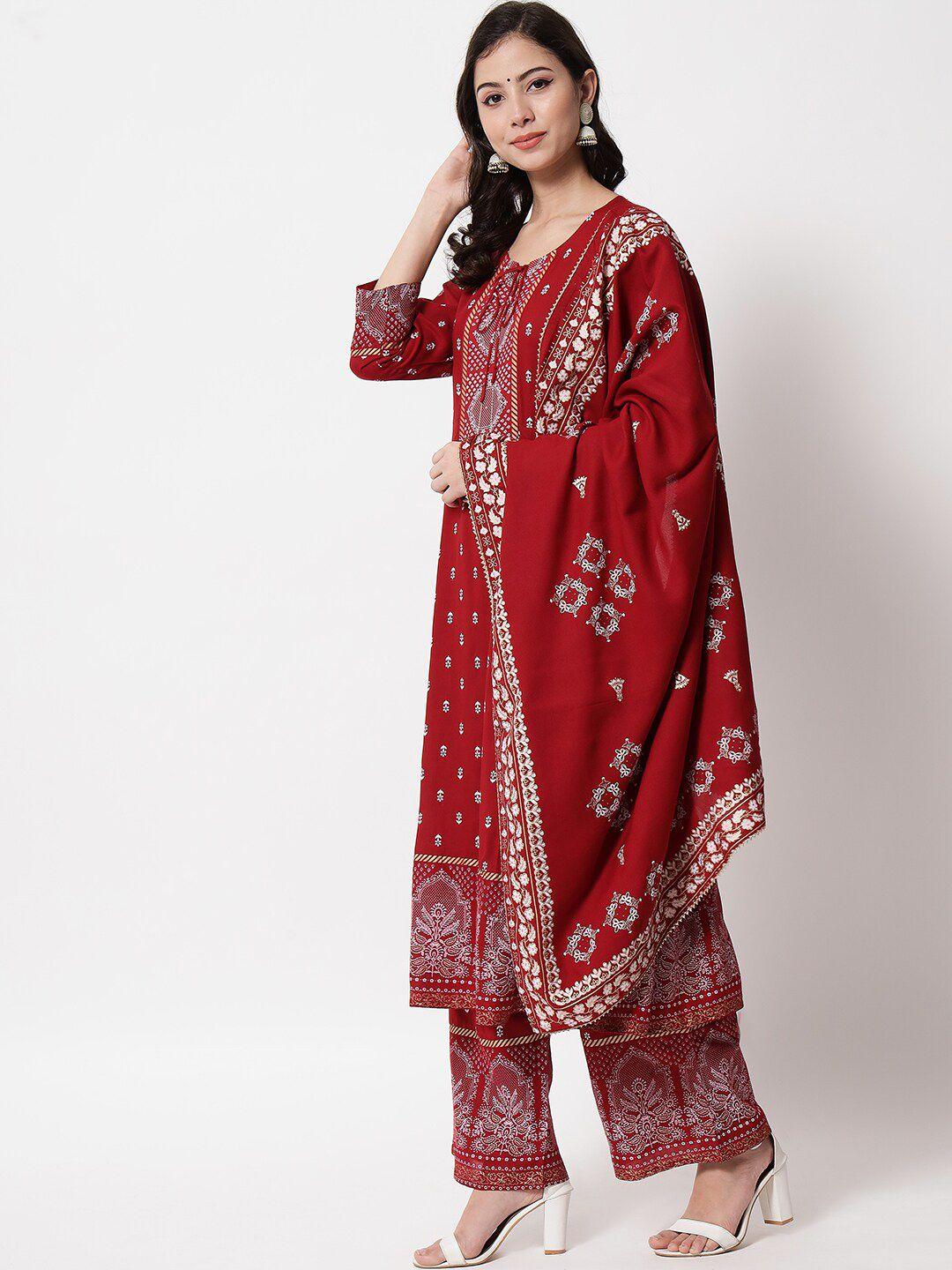 ikdaiya women red ethnic motifs printed kurta with palazzos & with dupatta