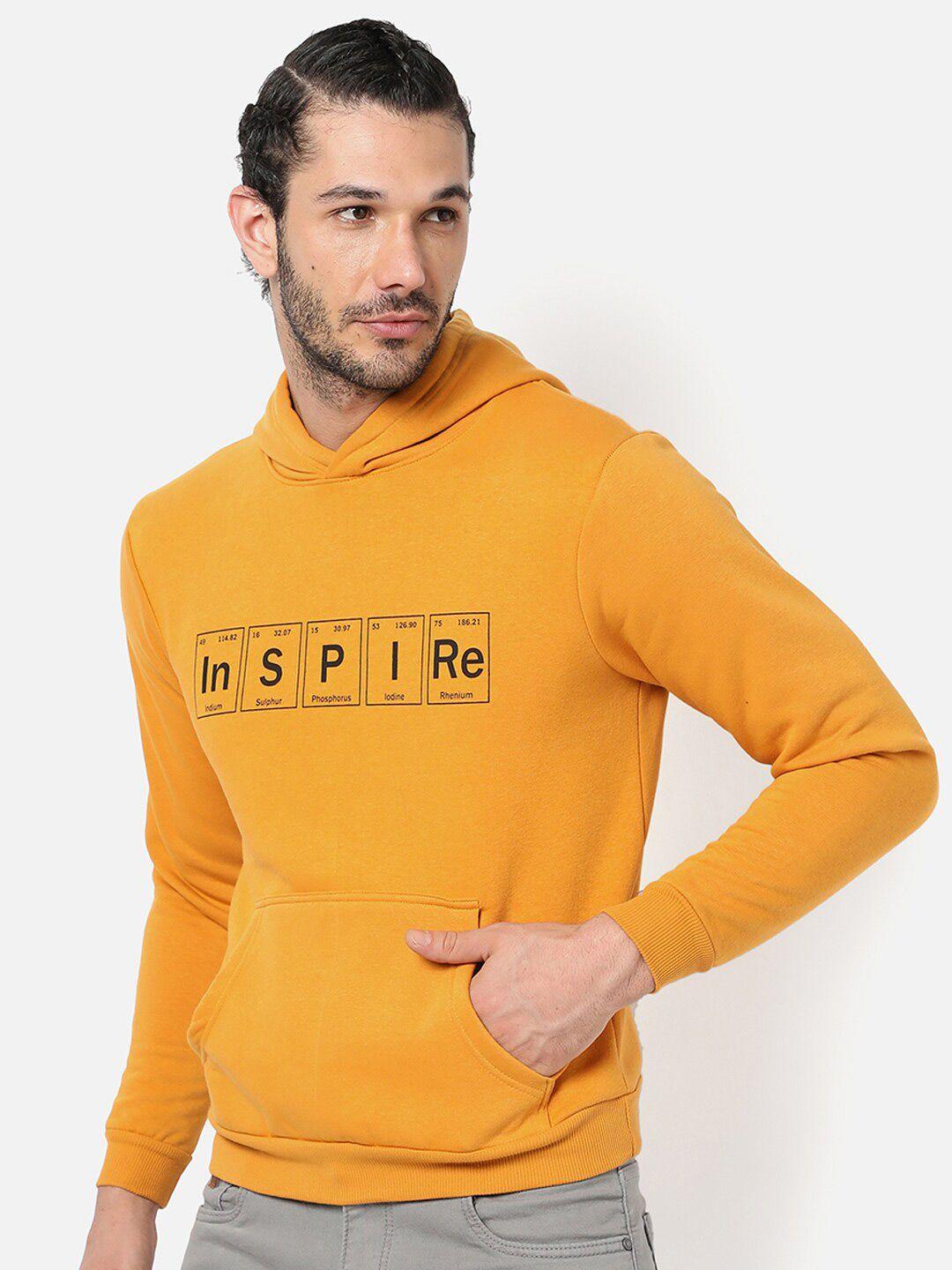 campus sutra men mustard printed hooded sweatshirt