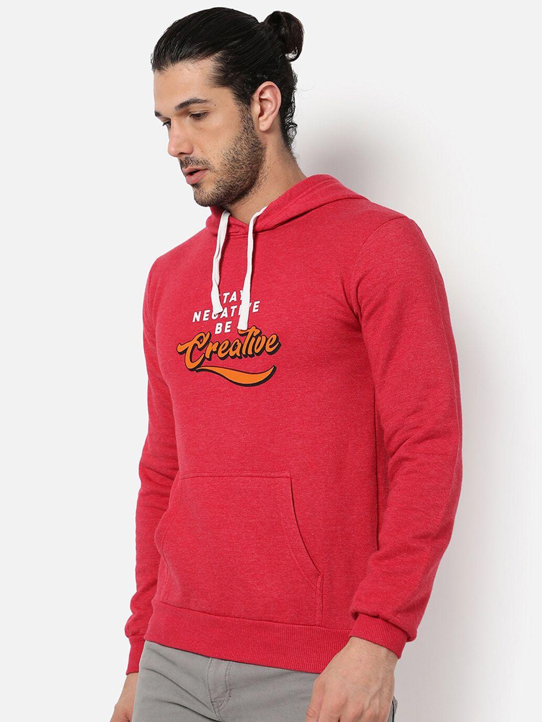 campus sutra men maroon printed cotton hooded sweatshirt