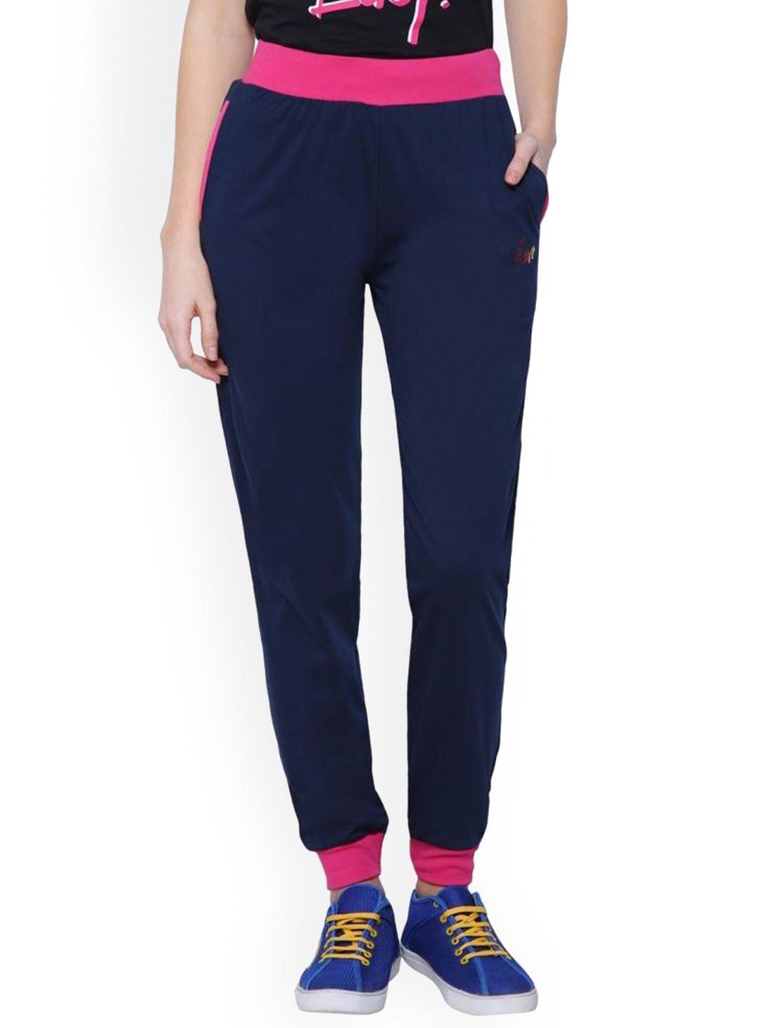 dyca women navy blue and pink solid regular fit cotton joggers