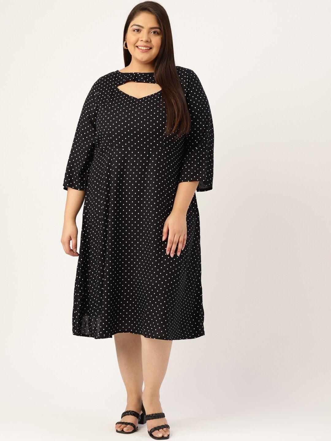 therebelinme plus size women black polka dot printed cut-out neck a-line midi dress