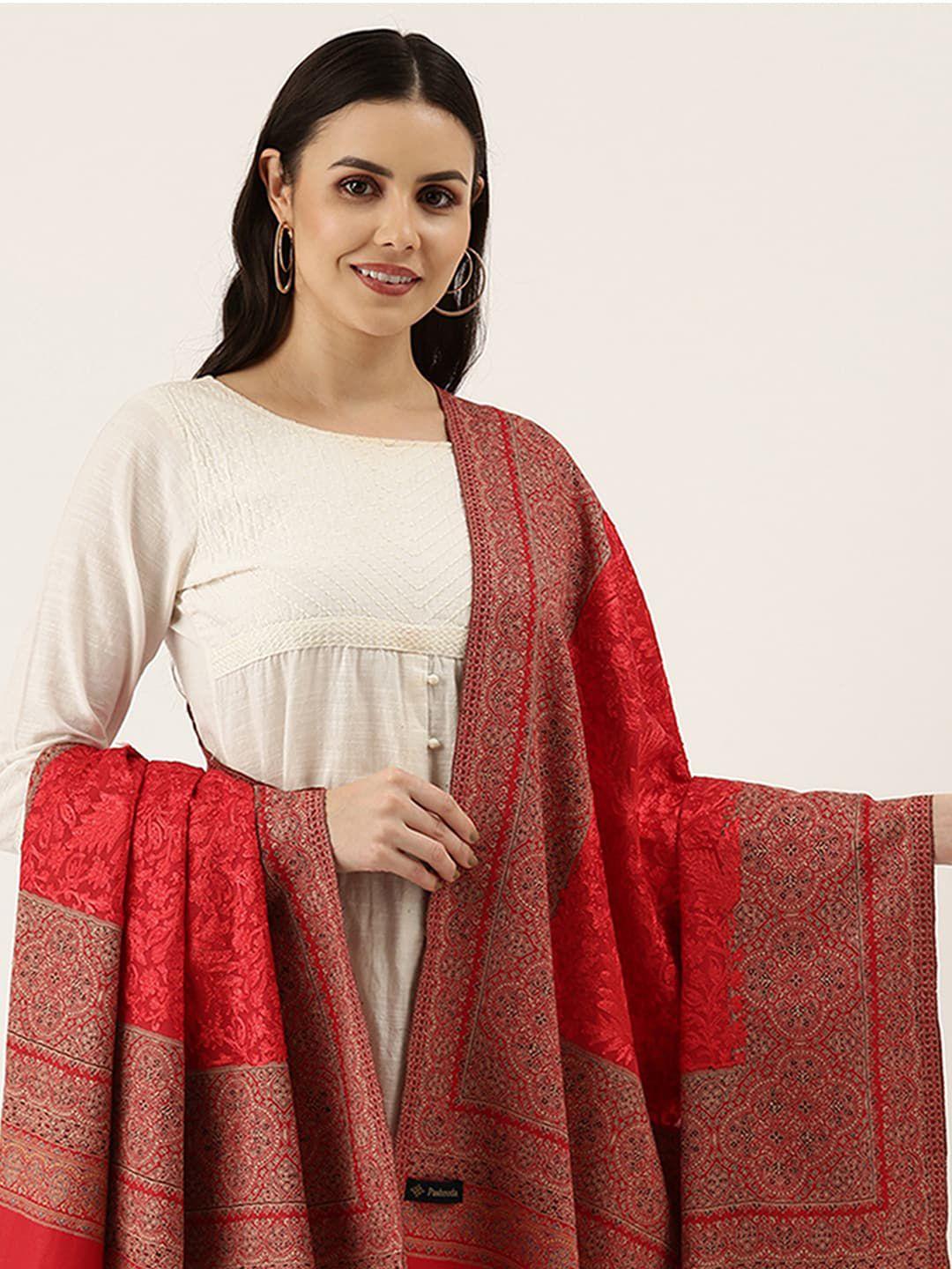 pashmoda women red & maroon embroidered kashmiri jamawar shawl