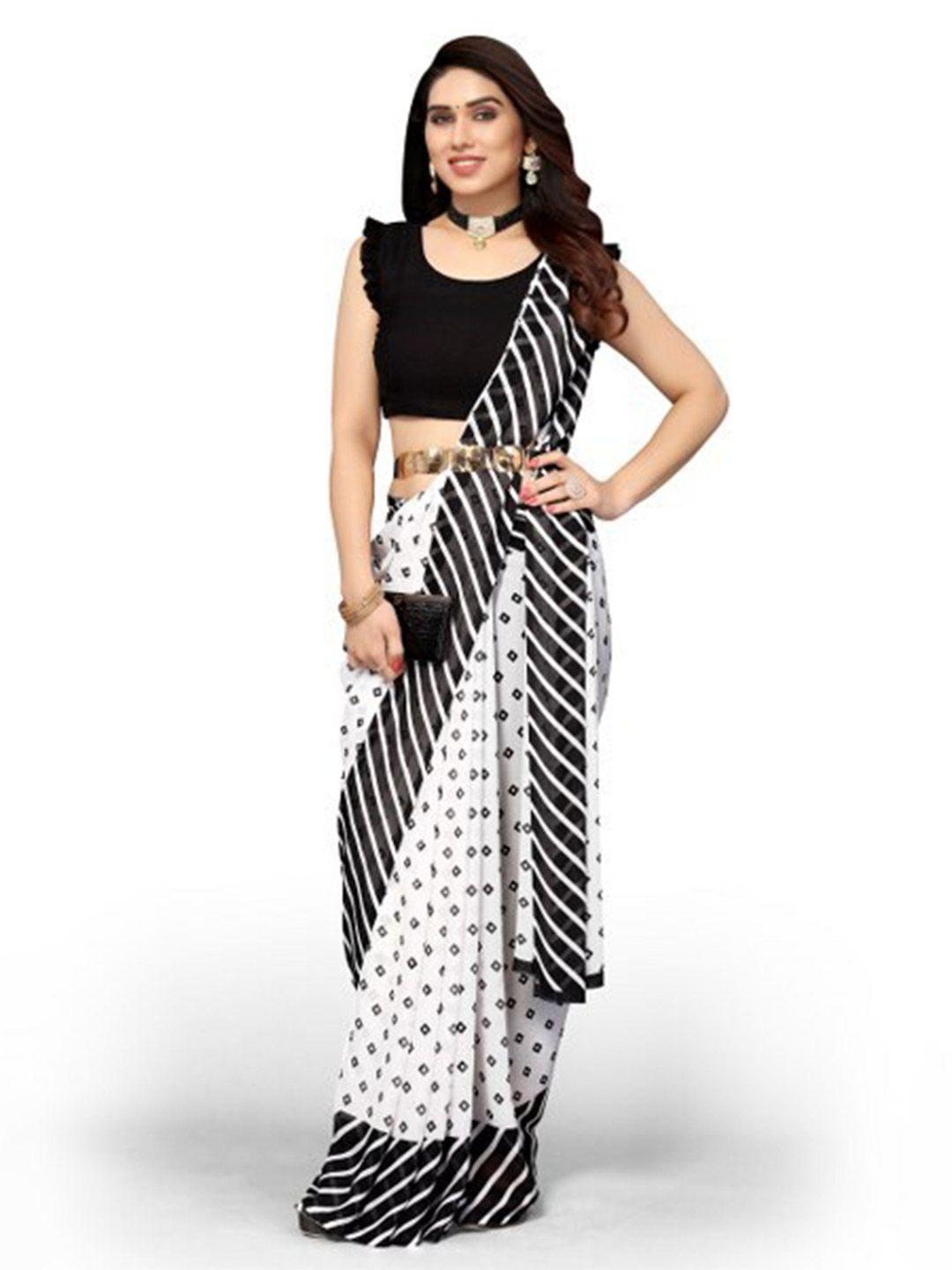 yashika women black & white printed saree with  unstiched blouse