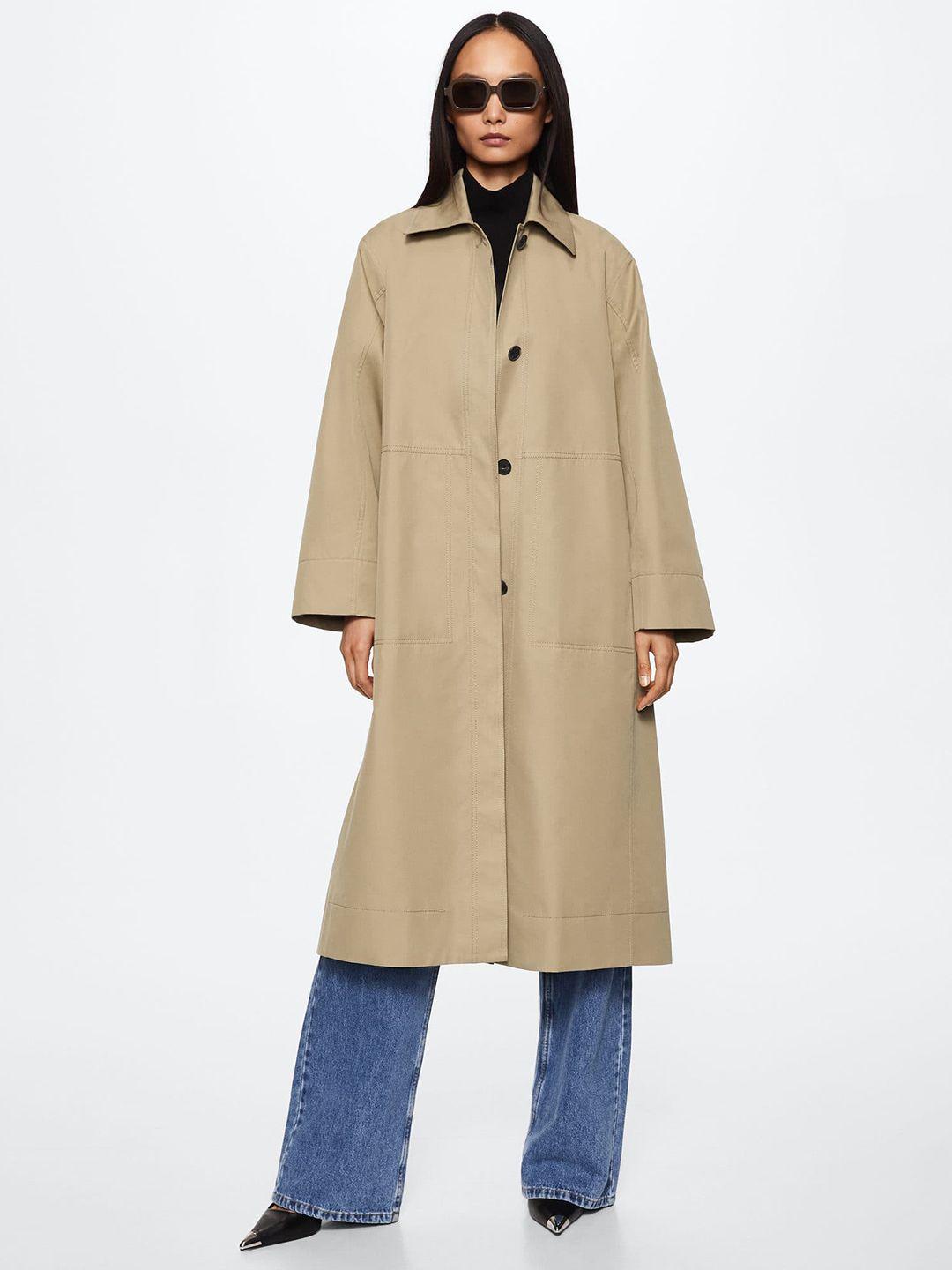 mango women beige solid longline overcoat