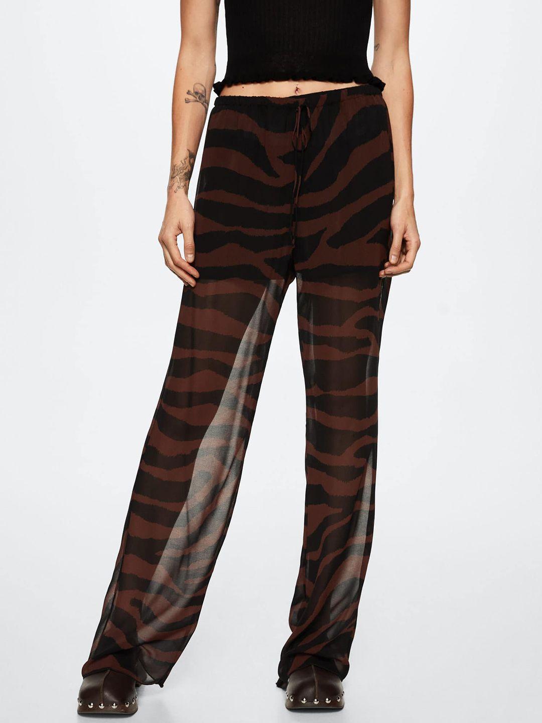 mango women black printed semi-sheer high-rise parallel trousers