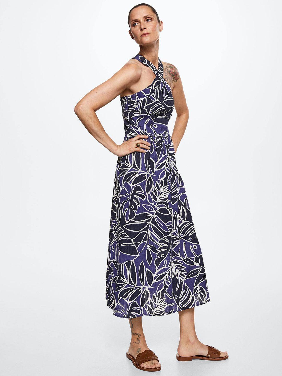 mango women navy blue & purple sustainable pure cotton a-line midi dress