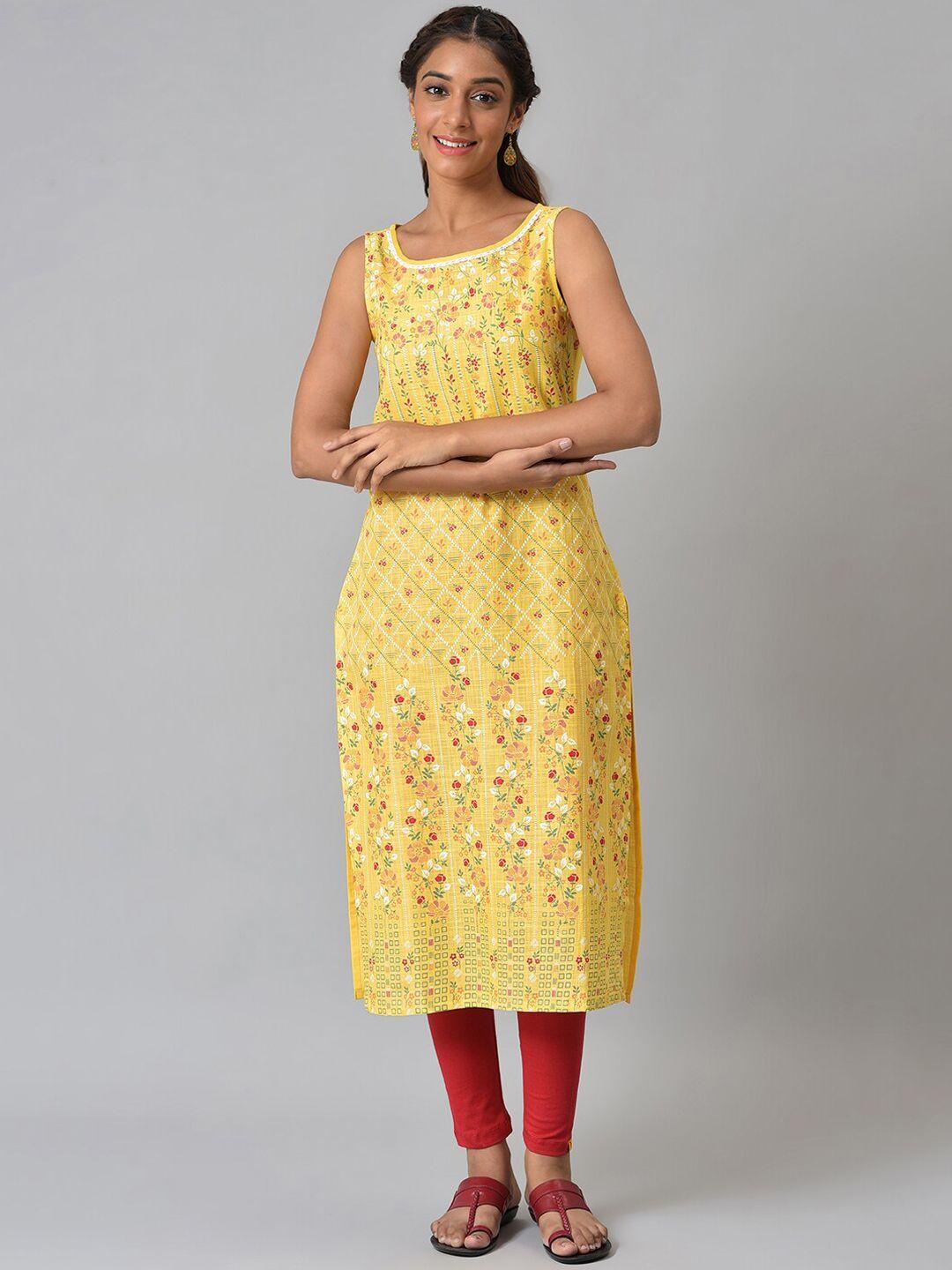 aurelia women yellow floral printed thread work kurta