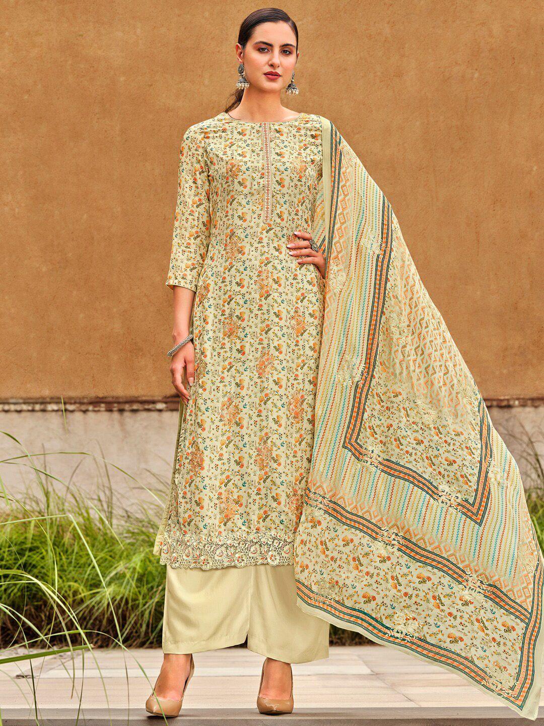 stylee lifestyle cream-coloured & orange printed pure silk unstitched dress material