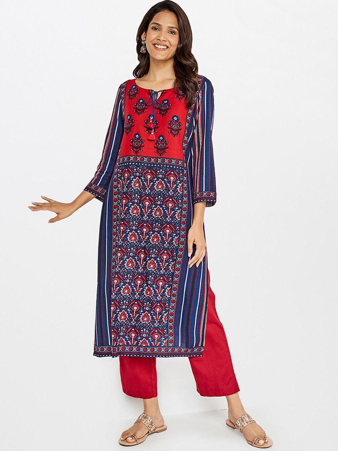 itse women blue & red ethnic motifs printed kurta