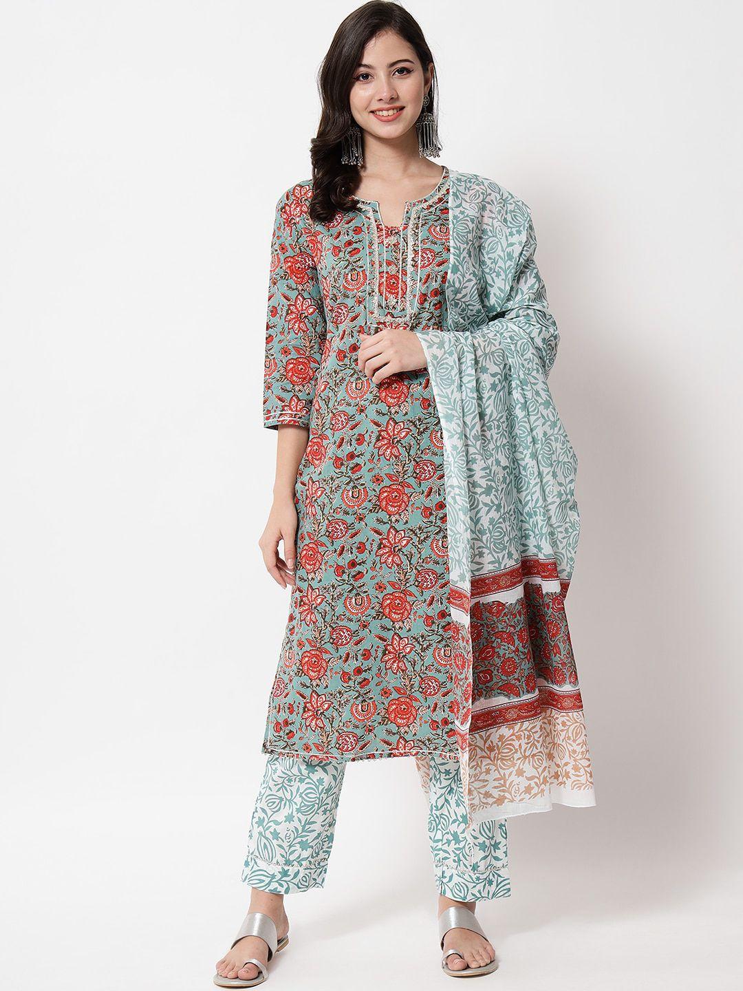 ikdaiya women floral printed gotta patti pure cotton kurta with trouser and  dupatta