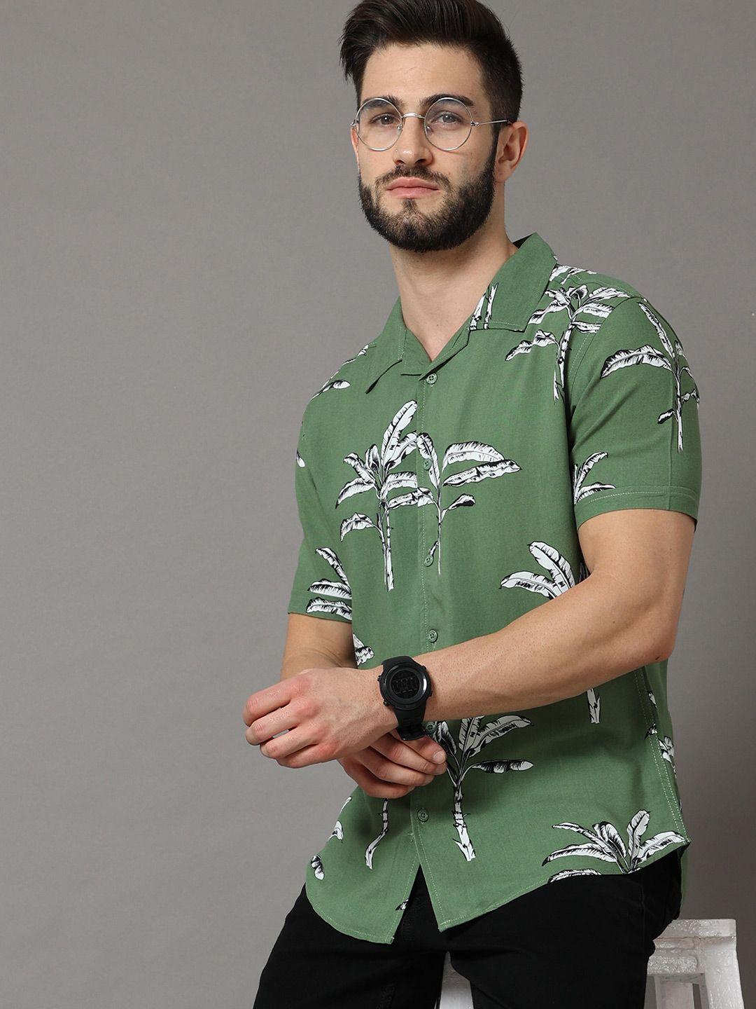 here&now men green slim fit printed casual shirt