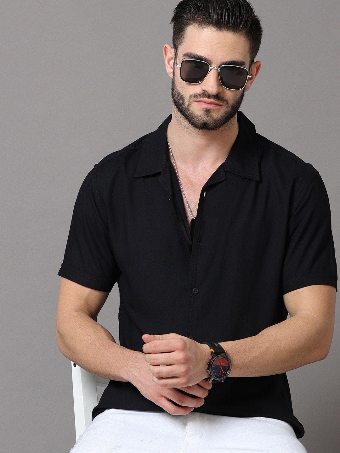 here&now men black slim fit casual shirt