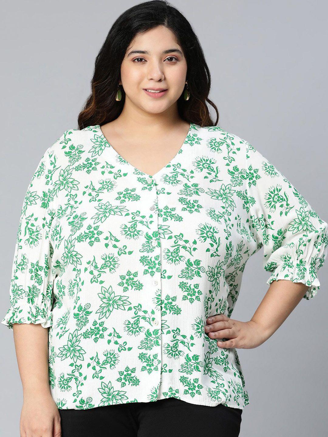 oxolloxo plus size women green & white floral print crepe top