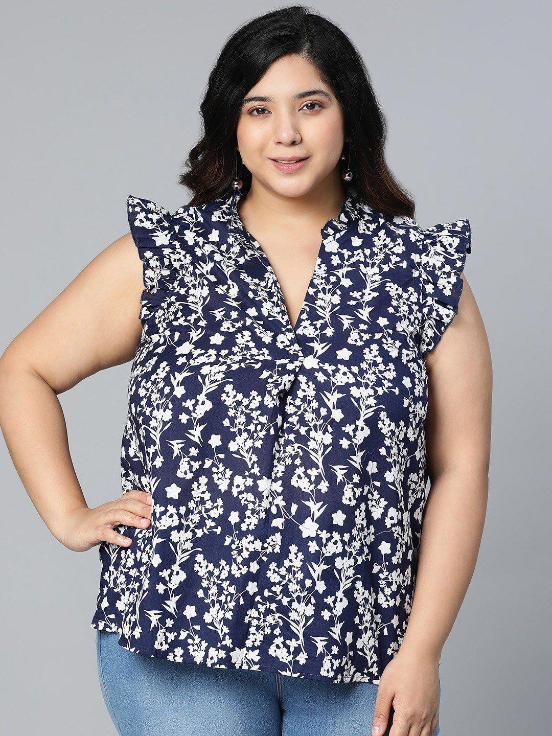 oxolloxo plus size navy blue floral print mandarin collar ruffles top