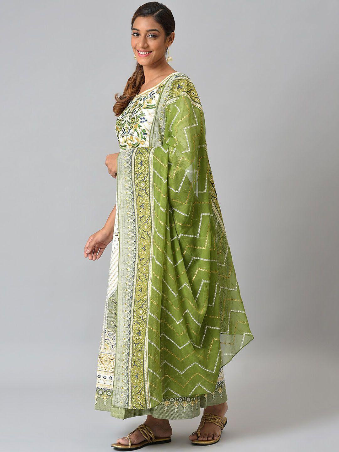 aurelia women white & green ethnic motifs printed liva panelled thread work kurta set