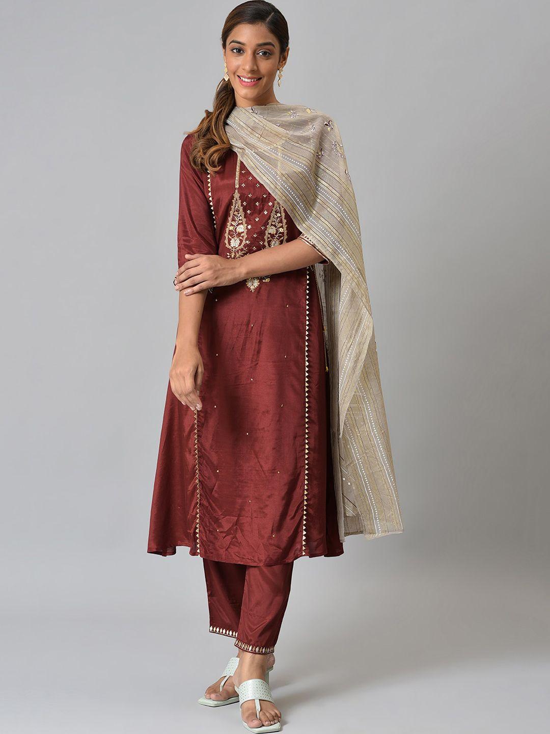 aurelia women brown & golden ethnic motifs embroidered panelled kurta with trousers & dupatta