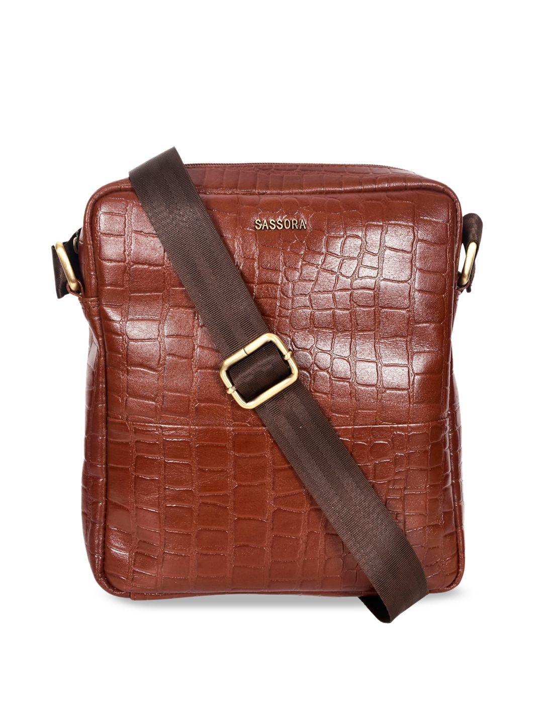 sassora brown textured leather structured sling bag