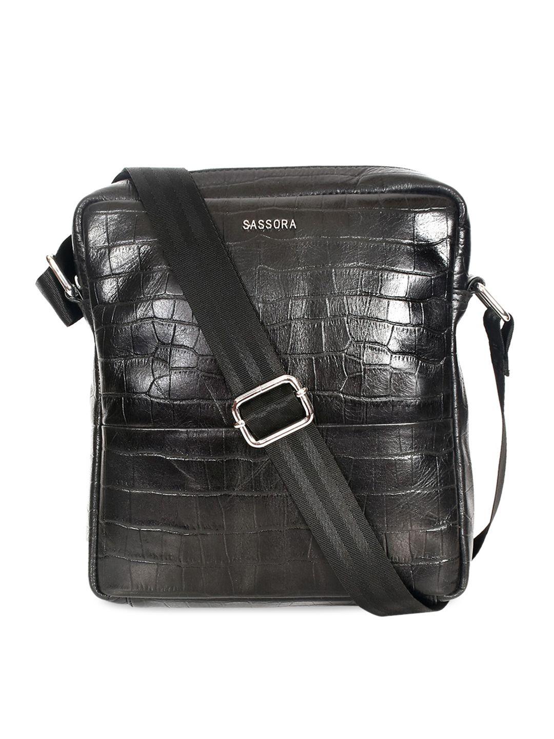 sassora black animal textured leather structured sling bag