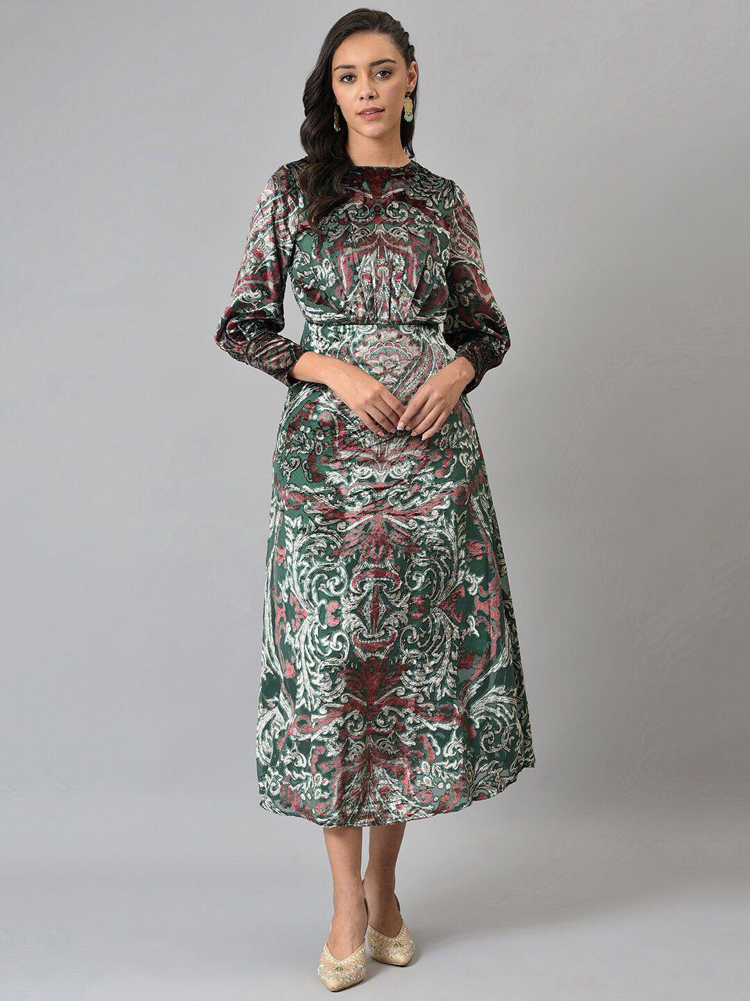 wishful green & maroon ethnic motifs chiffon a-line midi dress