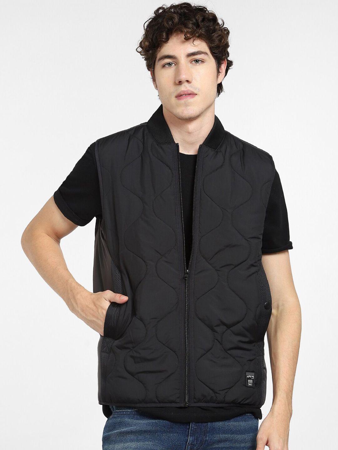 jack & jones men black solid quilted jacket